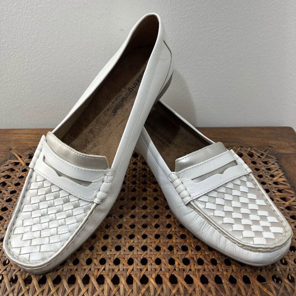 Size 10.5 W Walking Cradles Dannon Woven Leather Minimalist White Penny Loafer